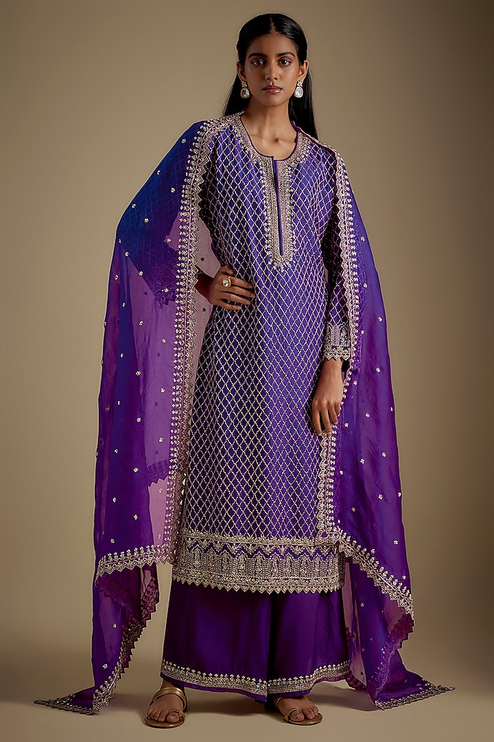 Purple Dupion Silk Hand Embroidered Kurta Set by Anushree Reddy at Pernia's Pop Up Shop