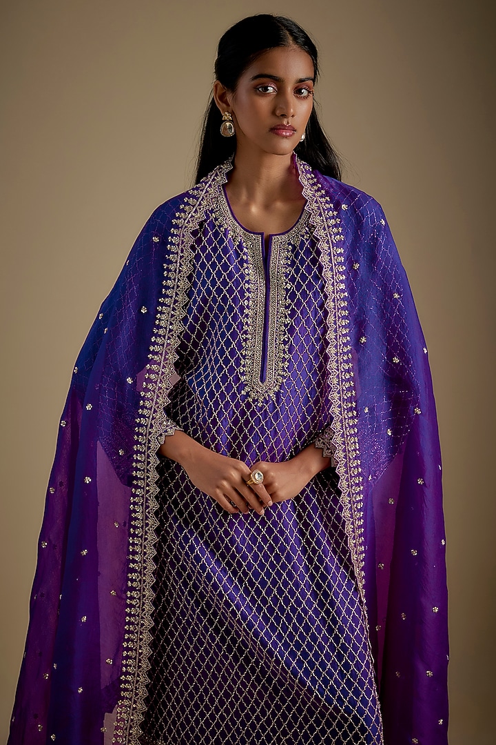 Purple Dupion Silk Hand Embroidered Kurta Set by Anushree Reddy at Pernia's Pop Up Shop