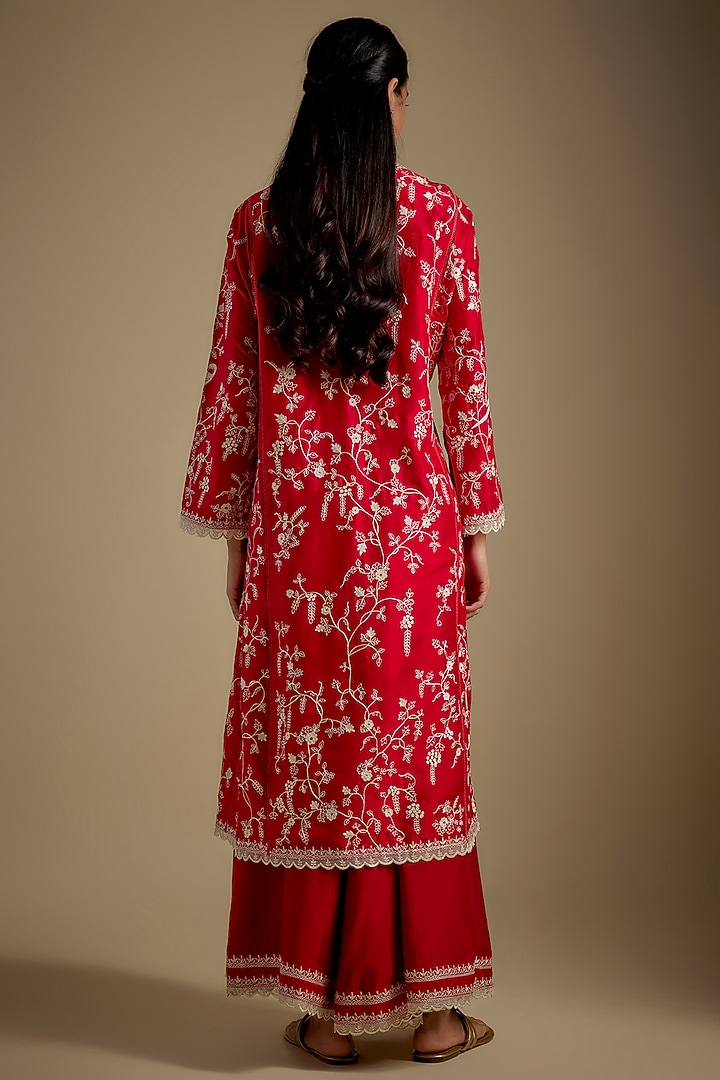 Red Dupion Silk Aari Work Kurta Set by Anushree Reddy at Pernia's Pop Up Shop