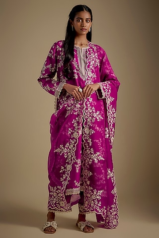 Magenta Dupion Silk Aari Thread Work Kurta Set by Anushree Reddy