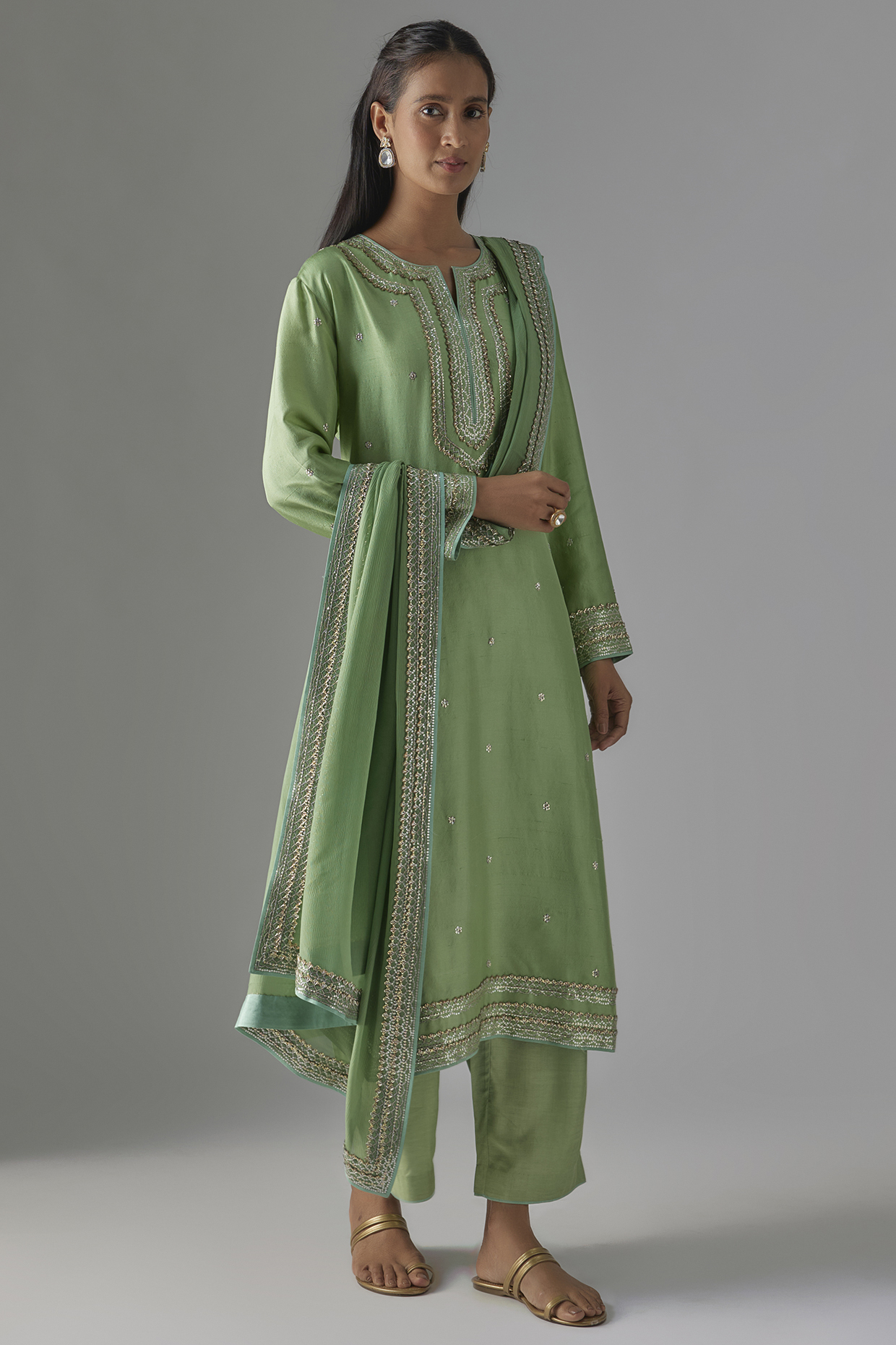 Sea Green Dupion Silk Embroidered Kurta Set by Anushree Reddy at Pernia's Pop Up Shop