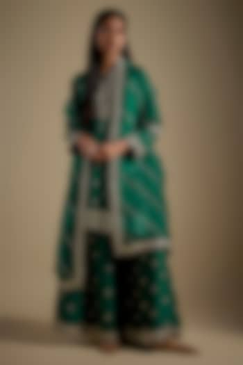 Emerald Green Dupion Silk Hand Embroidered Sharara Set by Anushree Reddy at Pernia's Pop Up Shop