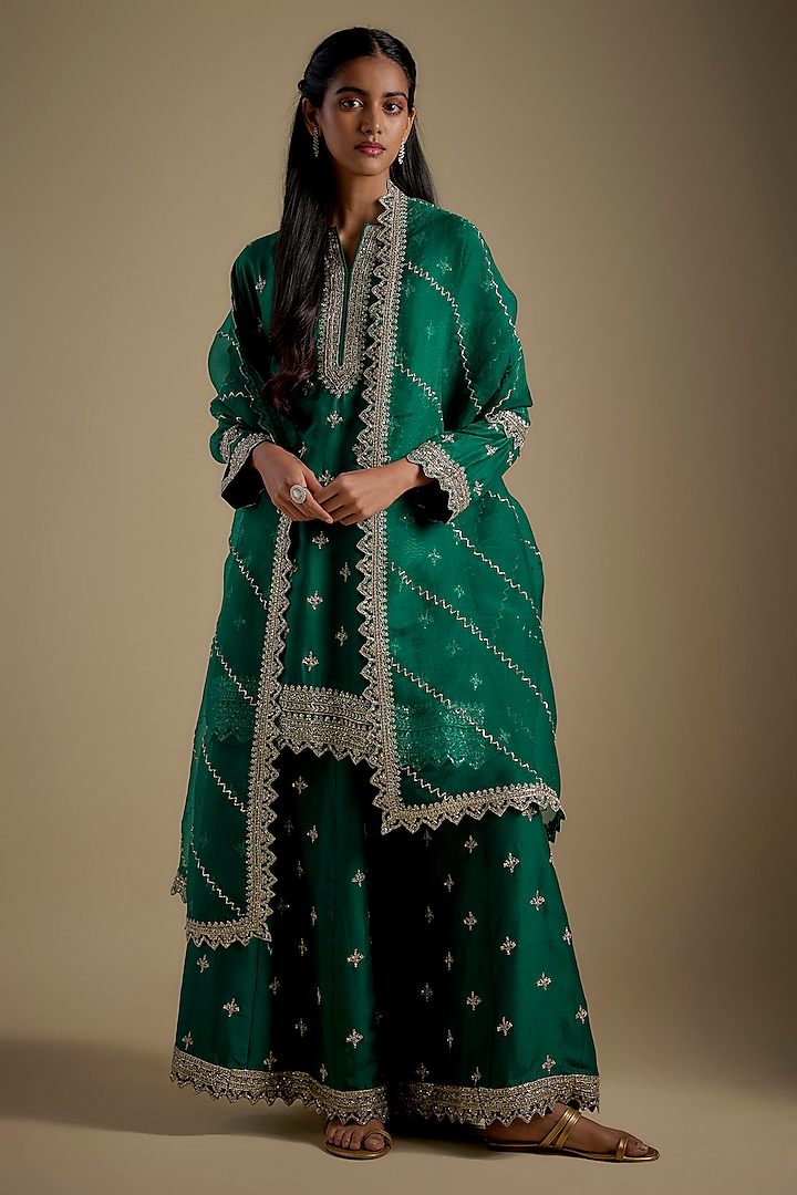 Emerald Green Dupion Silk Hand Embroidered Sharara Set by Anushree Reddy at Pernia's Pop Up Shop