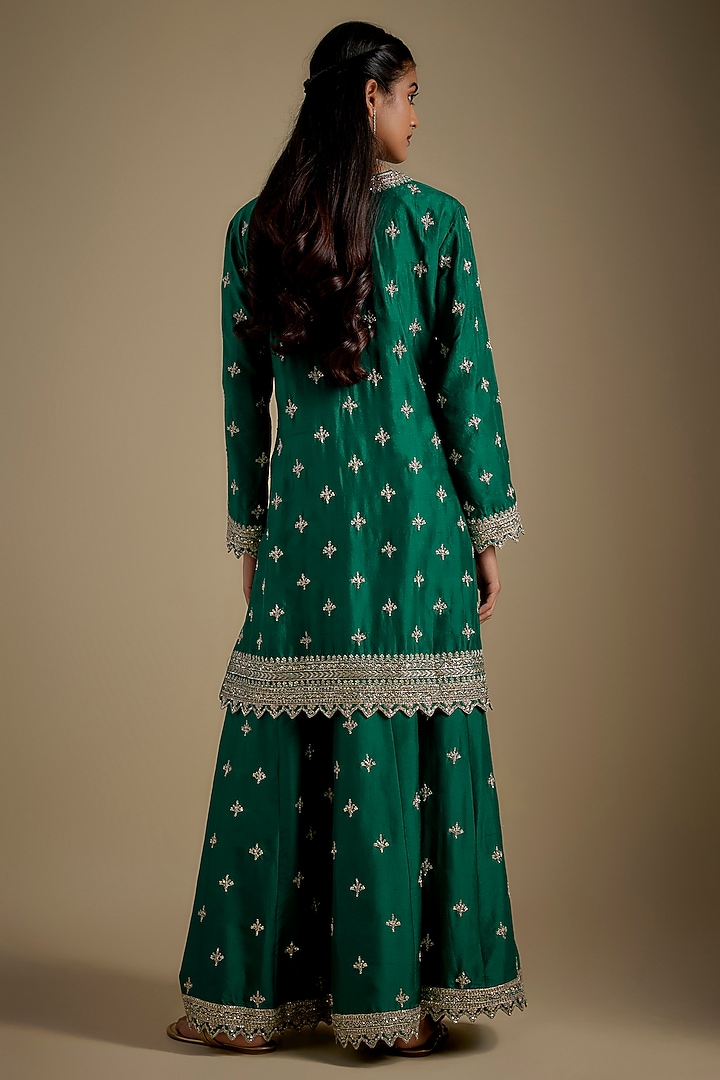 Emerald Green Dupion Silk Hand Embroidered Bridal Sharara Set by Anushree Reddy at Pernia's Pop Up Shop