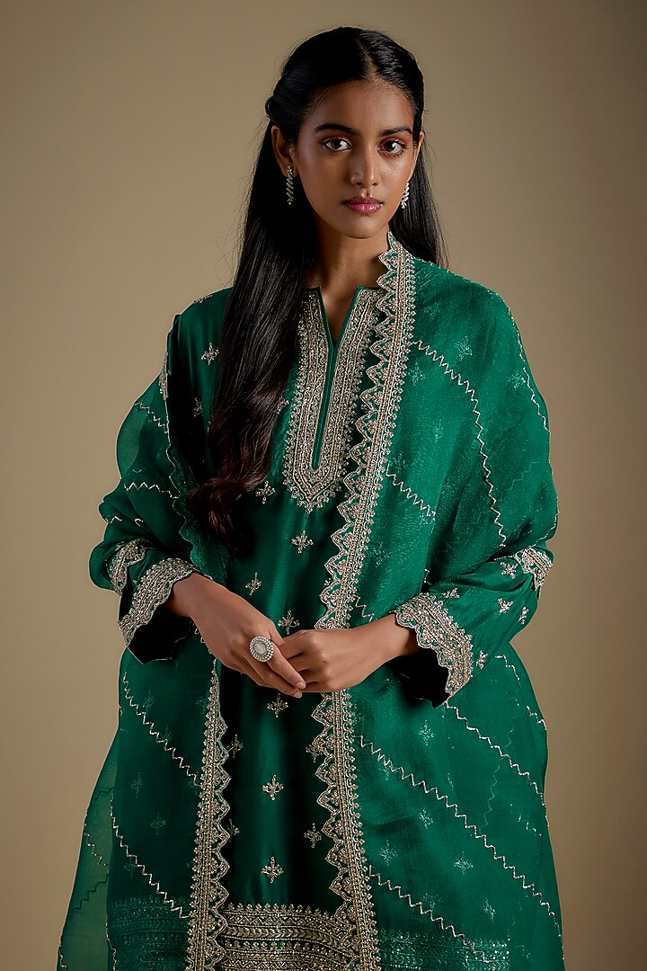 Emerald Green Dupion Silk Hand Embroidered Bridal Sharara Set by Anushree Reddy at Pernia's Pop Up Shop