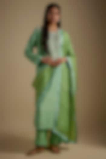 Sea Green Dupion Silk Hand Embroidered Kurta Set by Anushree Reddy at Pernia's Pop Up Shop