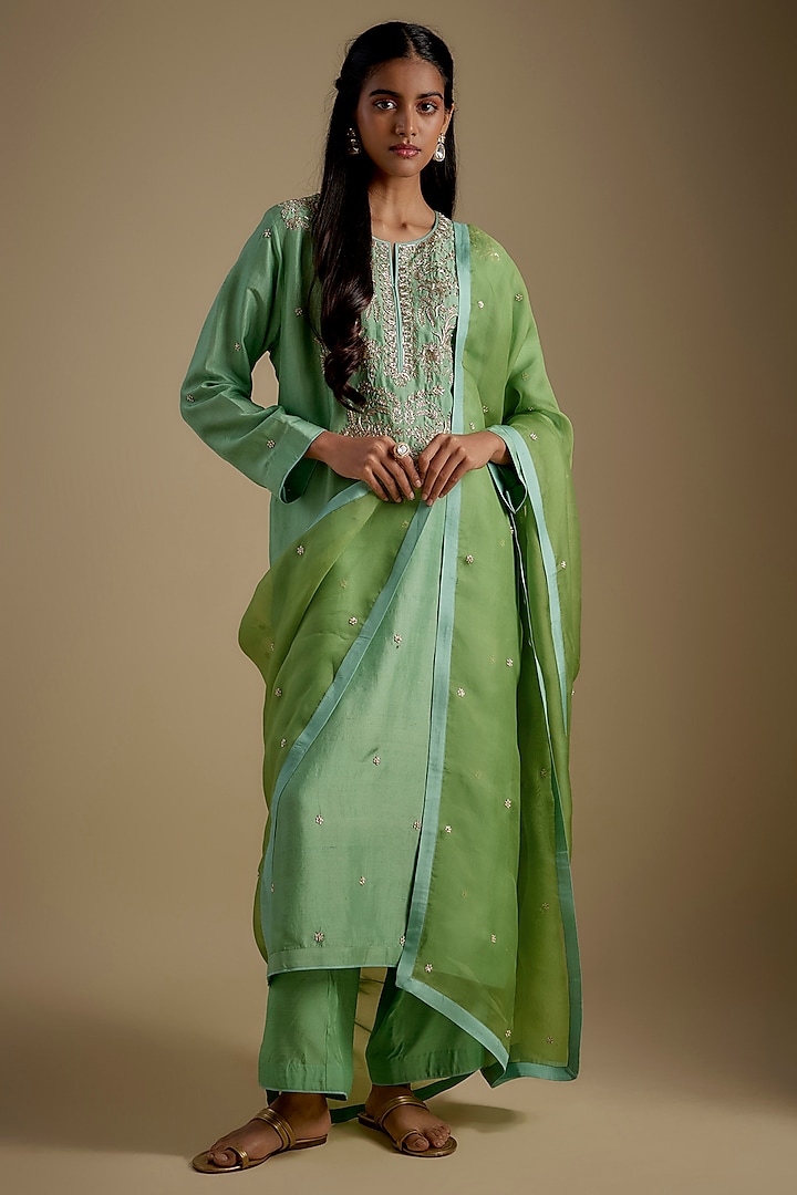 Sea Green Dupion Silk Hand Embroidered Kurta Set by Anushree Reddy at Pernia's Pop Up Shop