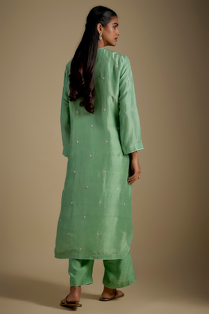 Sea Green Dupion Silk Hand Embroidered Kurta Set by Anushree Reddy at Pernia's Pop Up Shop
