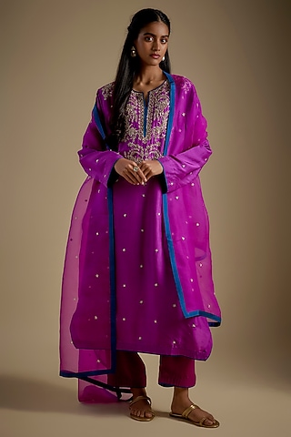 Purple Dupion Silk Hand Embroidered Kurta Set by Anushree Reddy