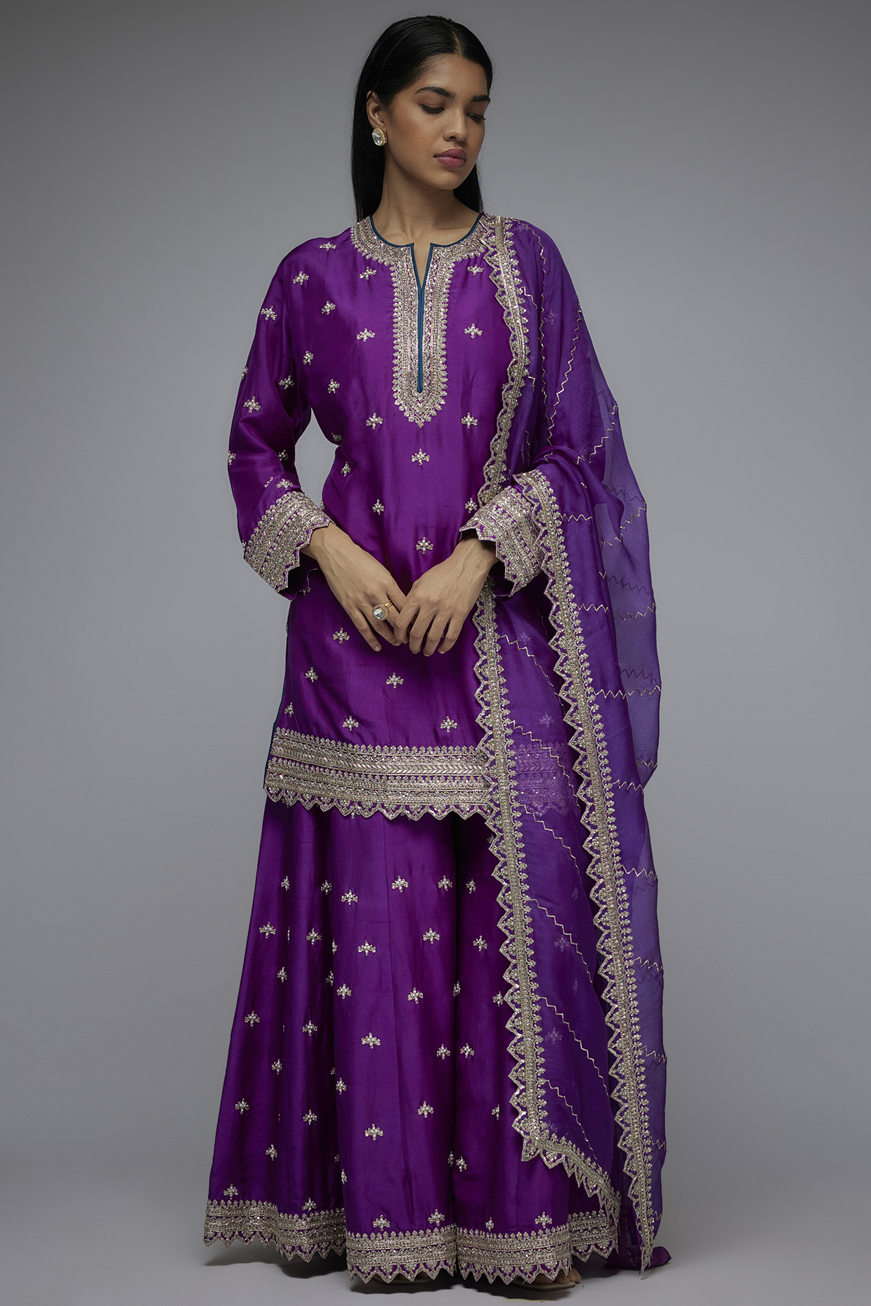 Purple Dupion Silk Hand Embroidered Sharara Set by Anushree Reddy at Pernia's Pop Up Shop