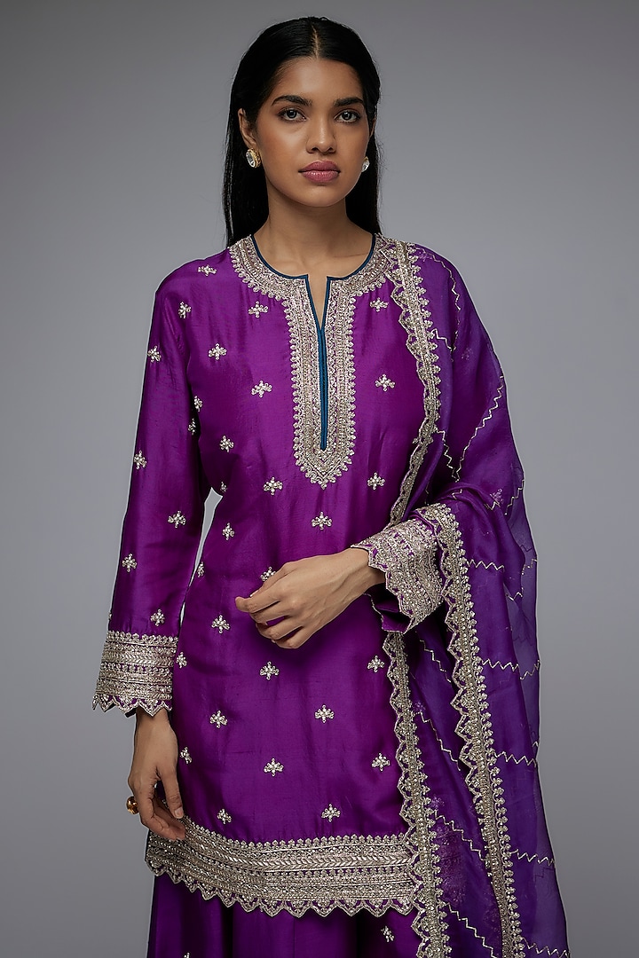 Purple Dupion Silk Hand Embroidered Bridal Sharara Set by Anushree Reddy at Pernia's Pop Up Shop