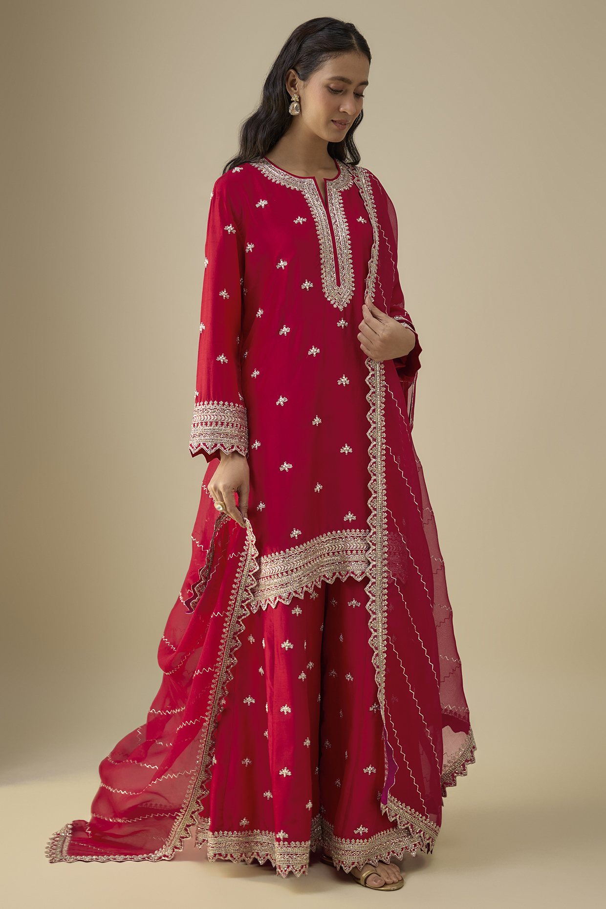 Cherry Red Dupion Silk Bridal Sharara Set by Anushree Reddy at Pernia's Pop Up Shop