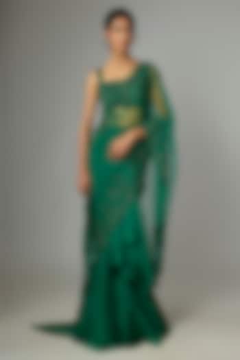 Emerald Green Net & Organza Embroidered Ruffled Bridal Saree Set by Anushree Reddy at Pernia's Pop Up Shop