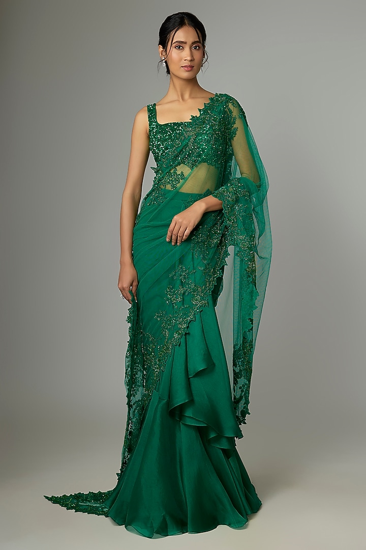 Emerald Green Net & Organza Embroidered Ruffled Bridal Saree Set by Anushree Reddy at Pernia's Pop Up Shop