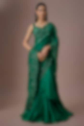 Emerald Green Net & Organza Ruffled Bridal Saree Set by Anushree Reddy at Pernia's Pop Up Shop