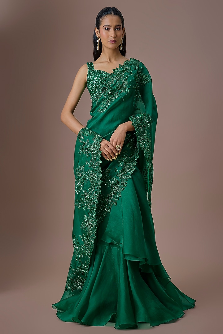 Emerald Green Net & Organza Ruffled Bridal Saree Set by Anushree Reddy at Pernia's Pop Up Shop