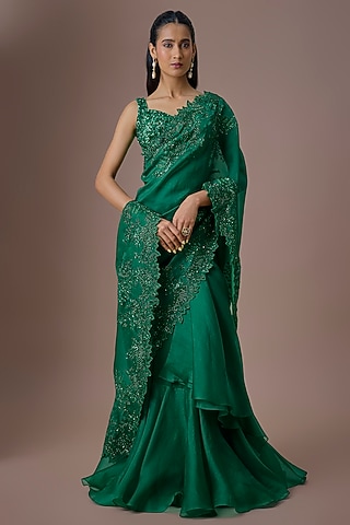 Emerald Green Net & Organza Ruffled Saree Set by Anushree Reddy