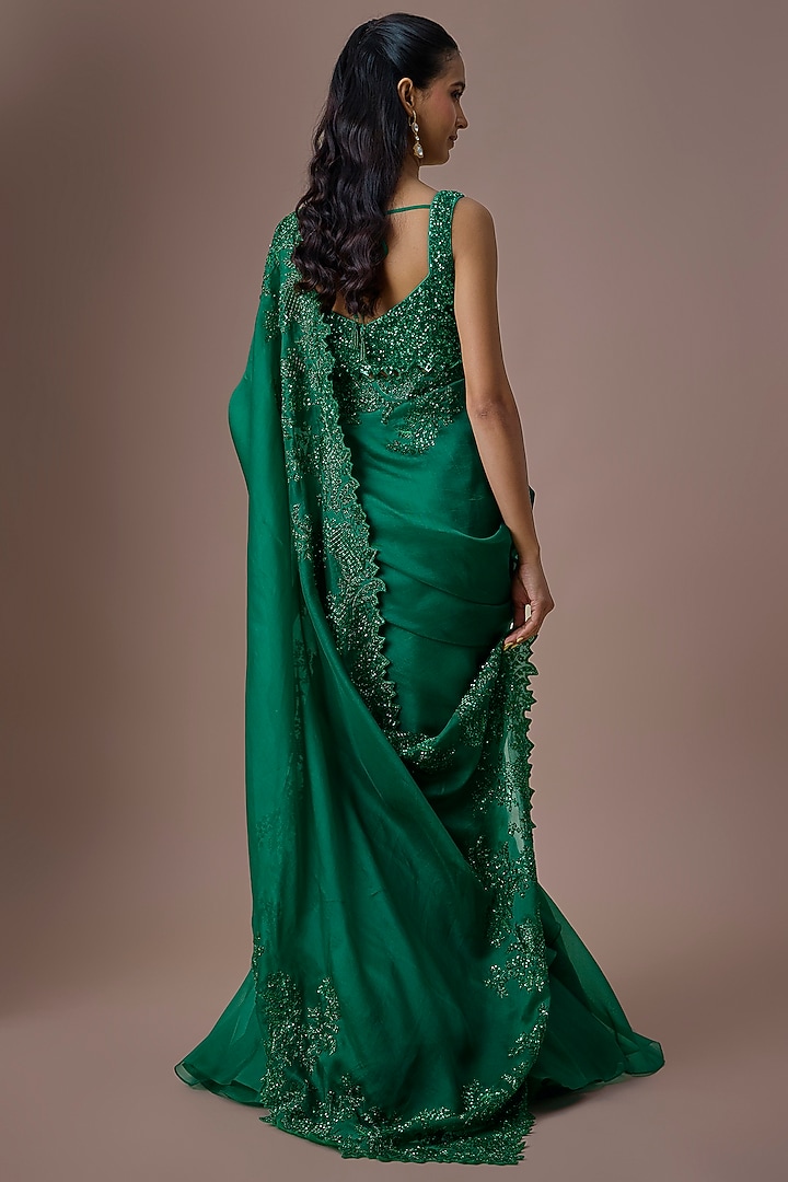 Emerald Green Net & Organza Ruffled Bridal Saree Set by Anushree Reddy at Pernia's Pop Up Shop