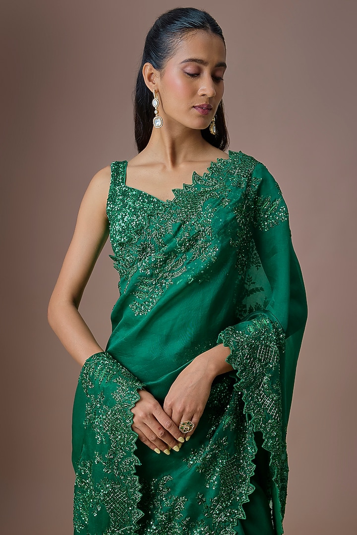 Emerald Green Net & Organza Ruffled Bridal Saree Set by Anushree Reddy at Pernia's Pop Up Shop