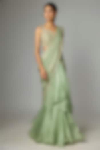 Green Organza & Chiffon Embroidered Ruffled Bridal Saree Set by Anushree Reddy at Pernia's Pop Up Shop