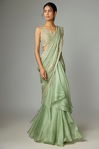 Green Organza & Chiffon Embroidered Ruffled Saree Set by Anushree Reddy