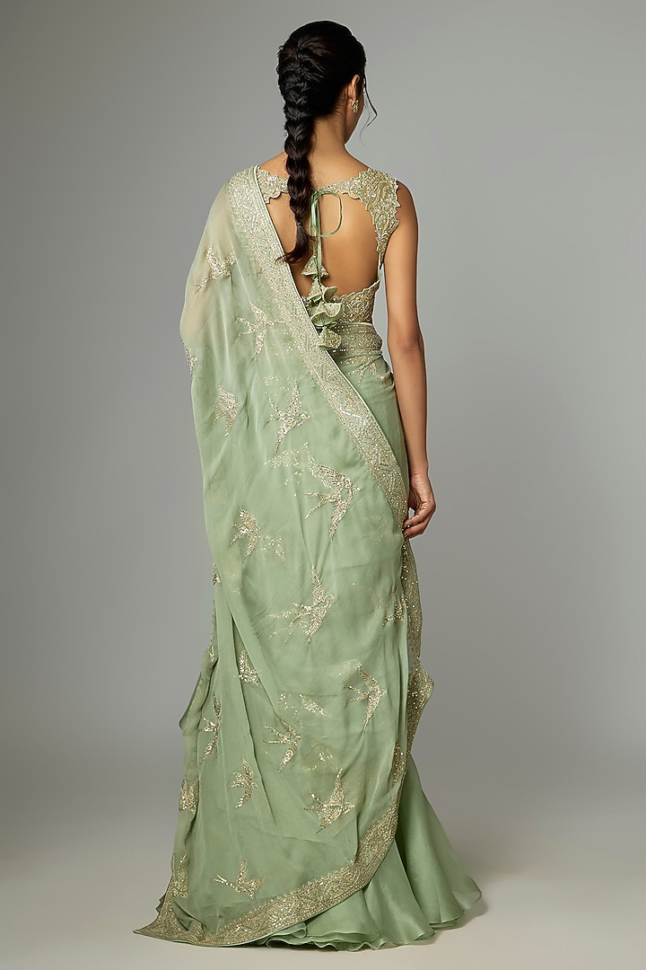Green Organza & Chiffon Embroidered Ruffled Bridal Saree Set by Anushree Reddy at Pernia's Pop Up Shop