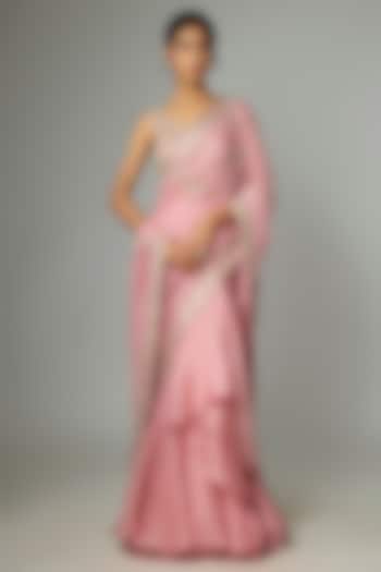 Blush Pink Organza & Chiffon Embroidered Ruffled Bridal Saree Set by Anushree Reddy at Pernia's Pop Up Shop