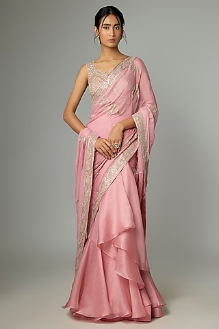 Blush Pink Organza & Chiffon Embroidered Ruffled Saree Set by Anushree Reddy