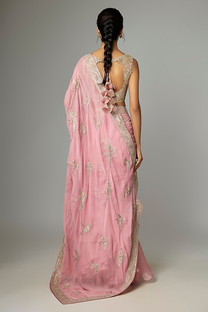 Blush Pink Organza & Chiffon Embroidered Ruffled Bridal Saree Set by Anushree Reddy at Pernia's Pop Up Shop