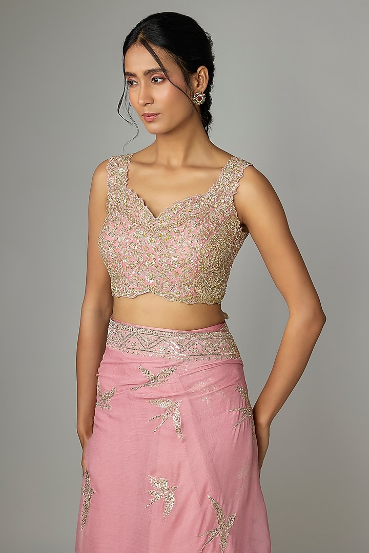 Blush Pink Organza & Chiffon Embroidered Ruffled Bridal Saree Set by Anushree Reddy at Pernia's Pop Up Shop