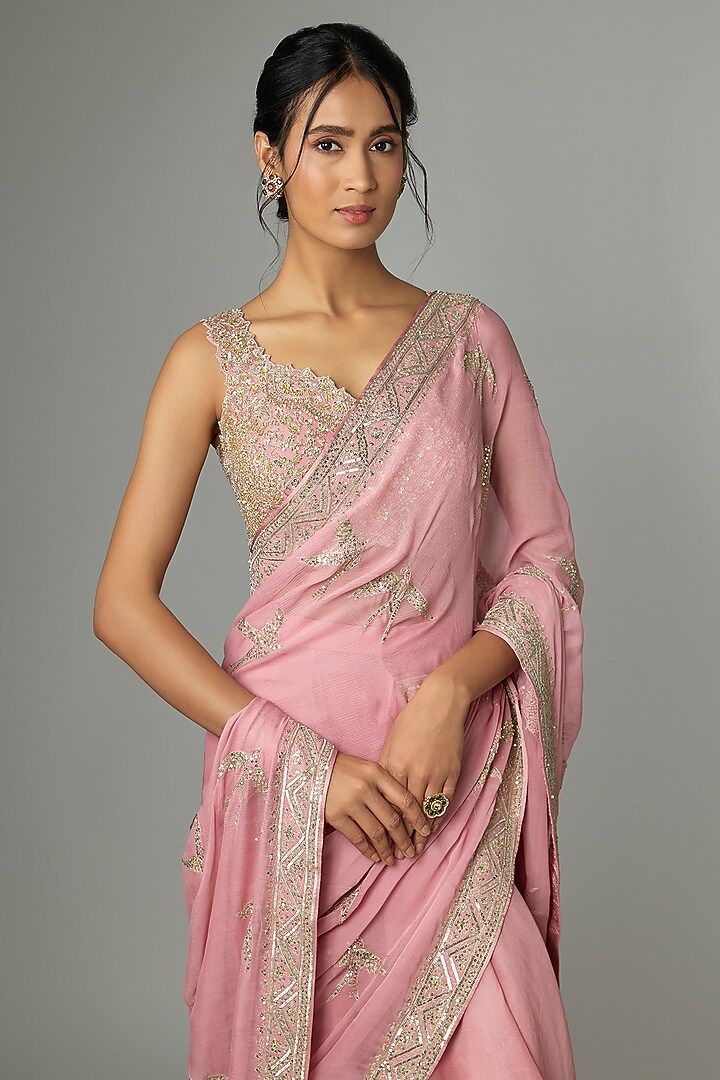 Blush Pink Organza & Chiffon Embroidered Ruffled Bridal Saree Set by Anushree Reddy at Pernia's Pop Up Shop