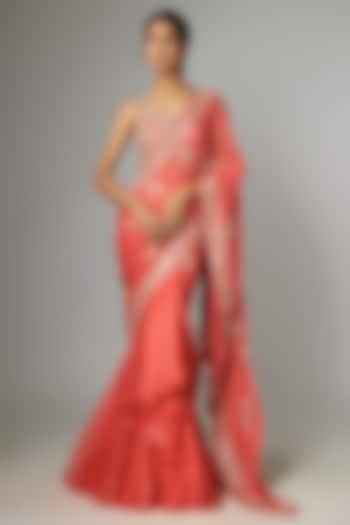 Coral Organza & Chiffon Embroidered Ruffled Bridal Saree Set by Anushree Reddy at Pernia's Pop Up Shop