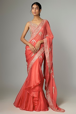 Coral Organza & Chiffon Embroidered Ruffled Saree Set by Anushree Reddy