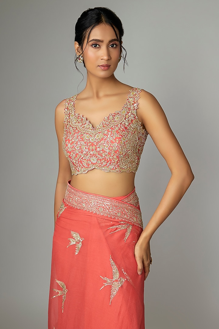 Coral Organza & Chiffon Embroidered Ruffled Bridal Saree Set by Anushree Reddy at Pernia's Pop Up Shop