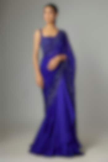Royal Blue Organza & Chiffon Embroidered Ruffled Bridal Saree Set by Anushree Reddy at Pernia's Pop Up Shop