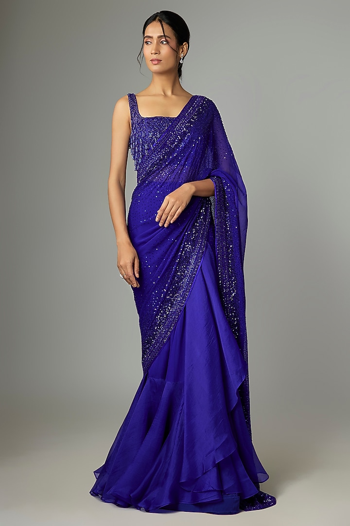 Royal Blue Organza & Chiffon Embroidered Ruffled Bridal Saree Set by Anushree Reddy at Pernia's Pop Up Shop