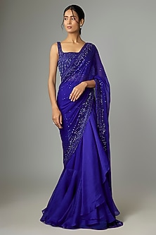 Royal Blue Organza & Chiffon Embroidered Ruffled Saree Set by Anushree Reddy-POPULAR PRODUCTS AT STORE