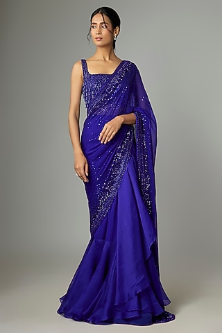 Royal Blue Organza & Chiffon Embroidered Ruffled Saree Set by Anushree Reddy