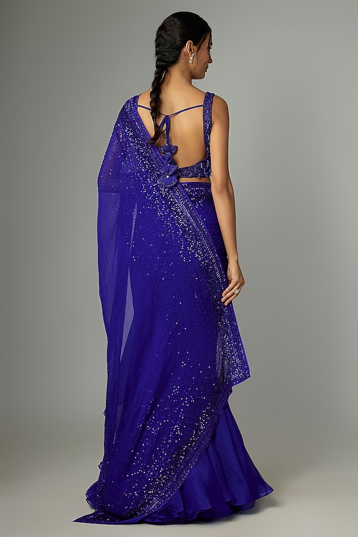 Royal Blue Organza & Chiffon Embroidered Ruffled Bridal Saree Set by Anushree Reddy at Pernia's Pop Up Shop