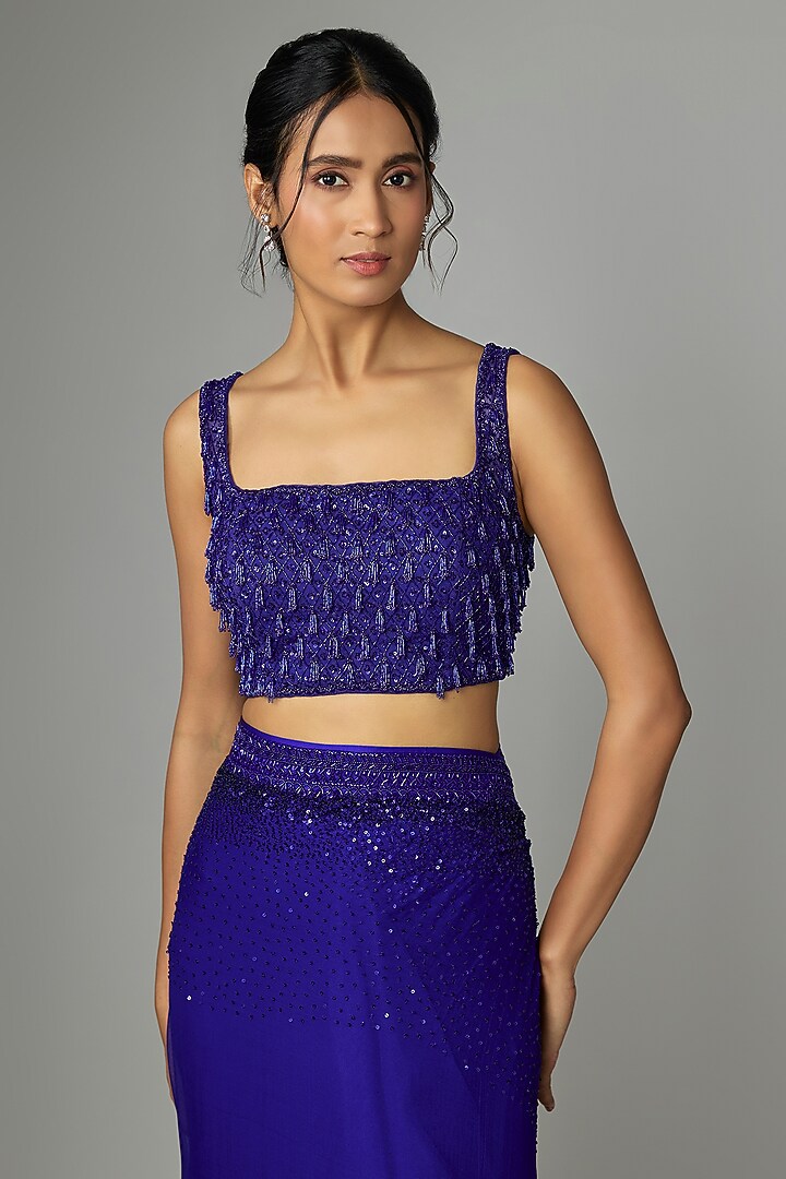 Royal Blue Organza & Chiffon Embroidered Ruffled Bridal Saree Set by Anushree Reddy at Pernia's Pop Up Shop