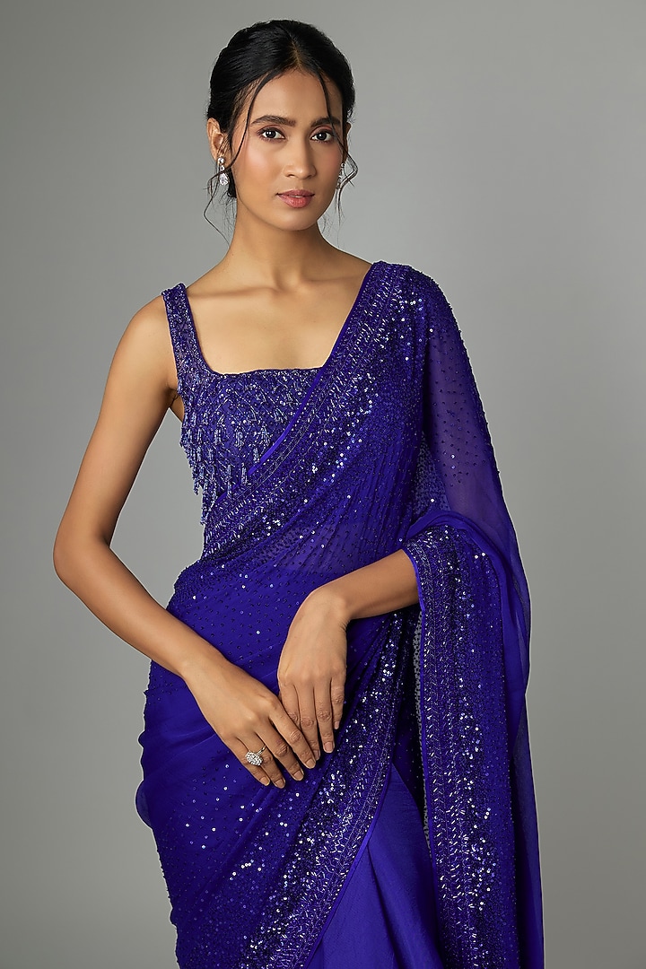 Royal Blue Organza & Chiffon Embroidered Ruffled Bridal Saree Set by Anushree Reddy at Pernia's Pop Up Shop