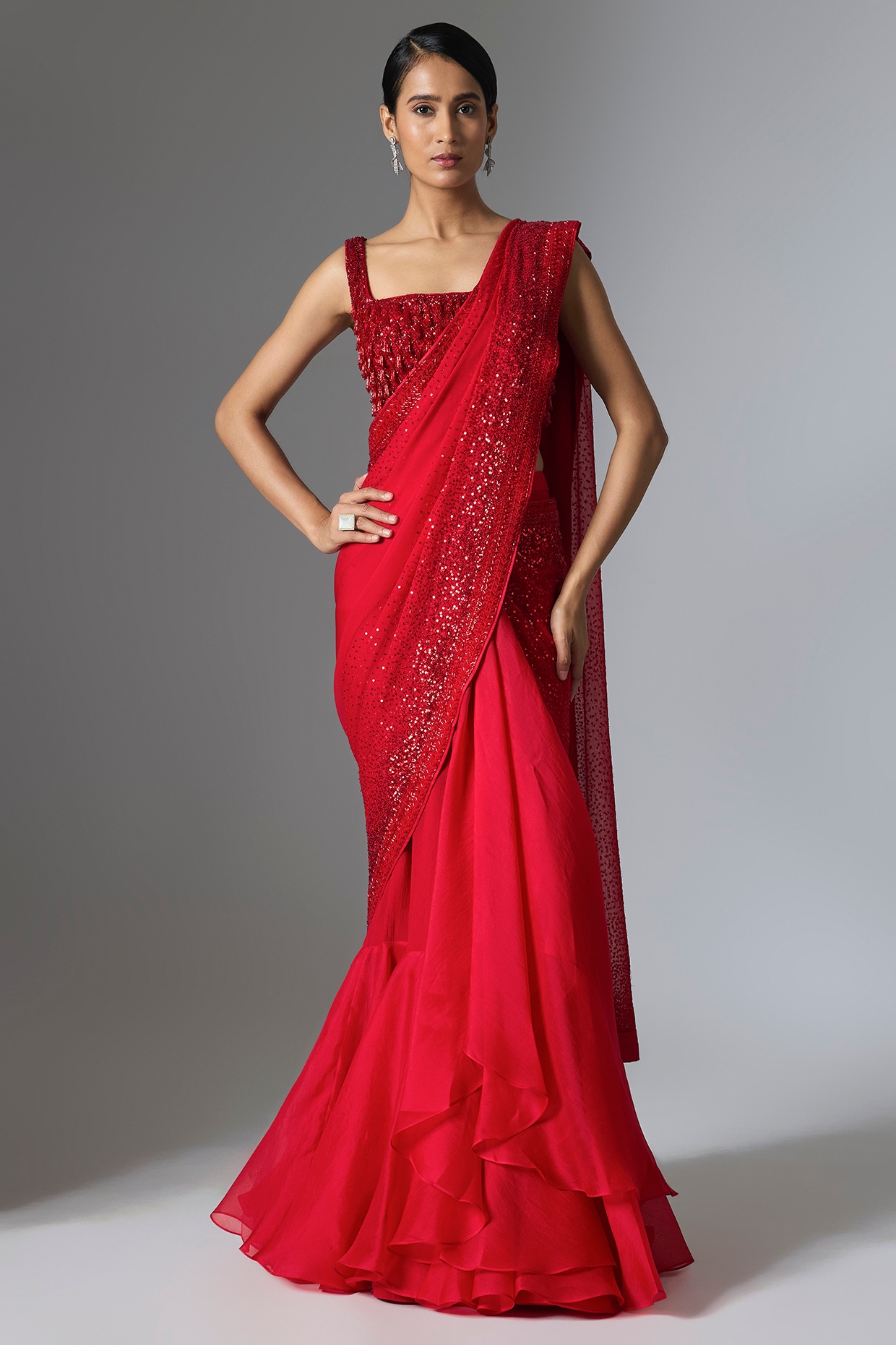 Anushree Reddy Red Organza & Chiffon Sequin Embellished Saree Set