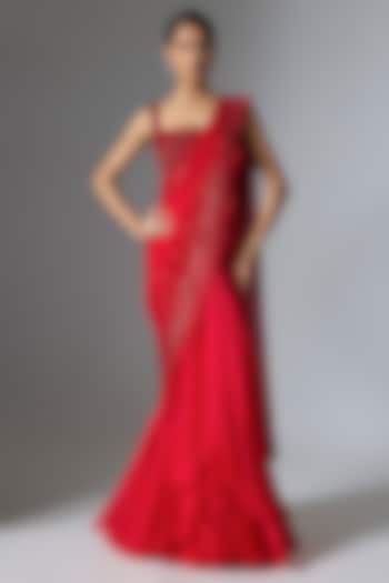 Red Organza & Chiffon Sequin Embellished Bridal Saree Set by Anushree Reddy at Pernia's Pop Up Shop