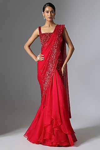Red Organza & Chiffon Sequin Embellished Saree Set by Anushree Reddy