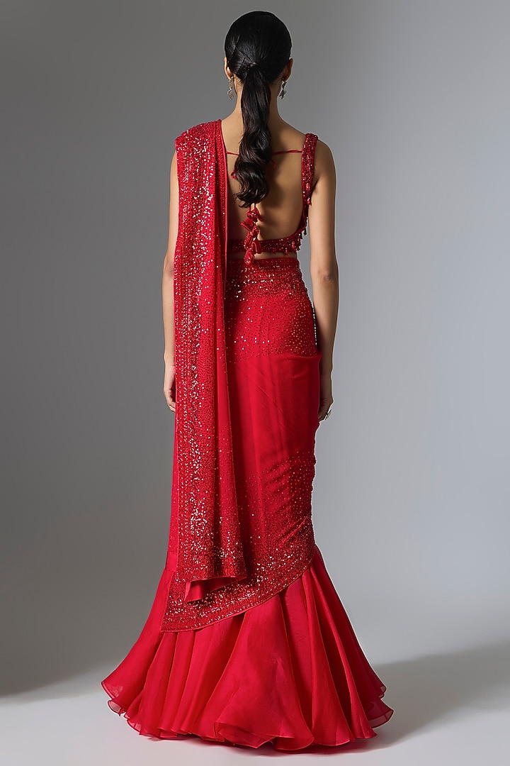 Red Organza & Chiffon Sequin Embellished Bridal Saree Set by Anushree Reddy at Pernia's Pop Up Shop