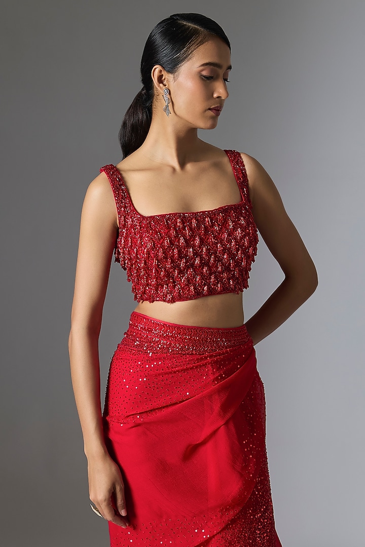 Red Organza & Chiffon Sequin Embellished Bridal Saree Set by Anushree Reddy at Pernia's Pop Up Shop
