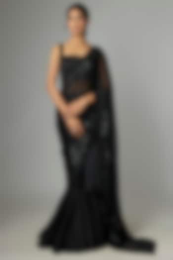 Black Organza & Chiffon Embroidered Ruffled Bridal Saree Set by Anushree Reddy at Pernia's Pop Up Shop