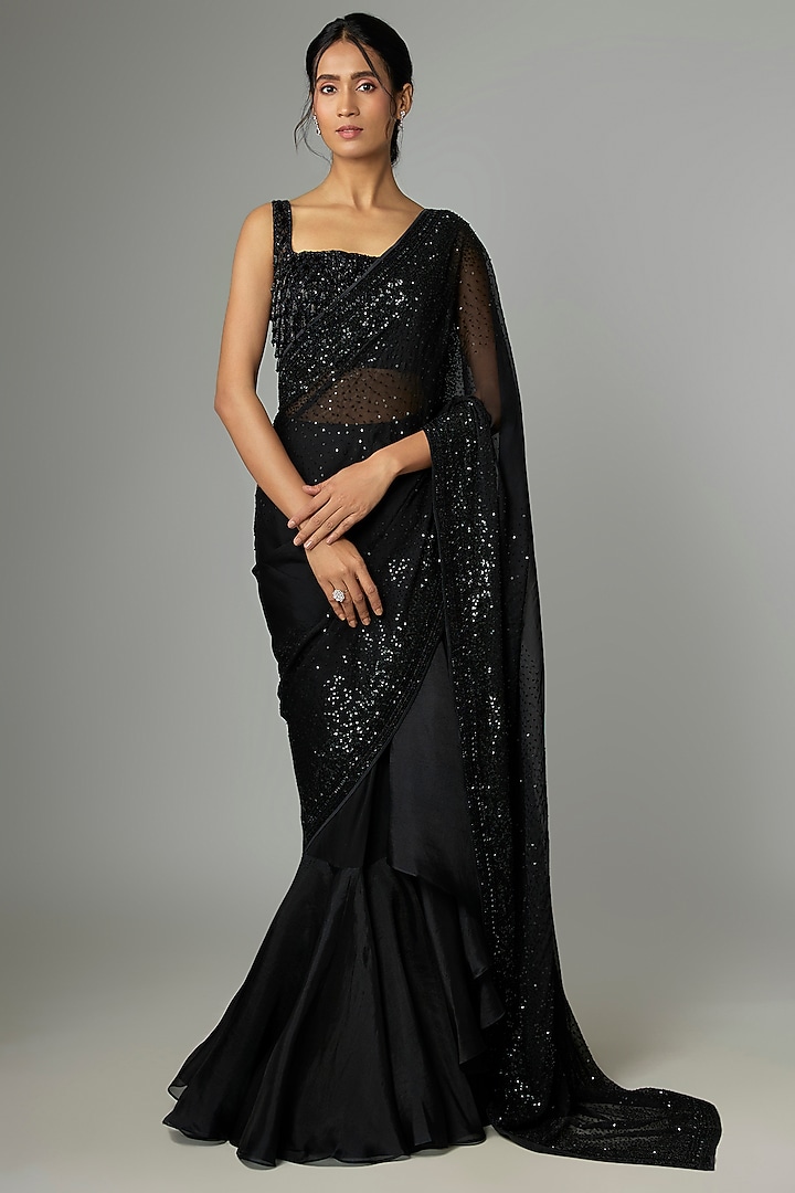 Black Organza & Chiffon Embroidered Ruffled Bridal Saree Set by Anushree Reddy at Pernia's Pop Up Shop