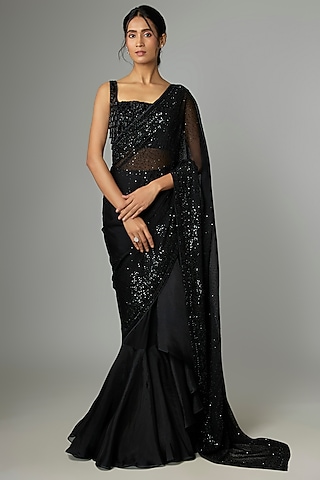 Black Organza & Chiffon Embroidered Ruffled Saree Set by Anushree Reddy