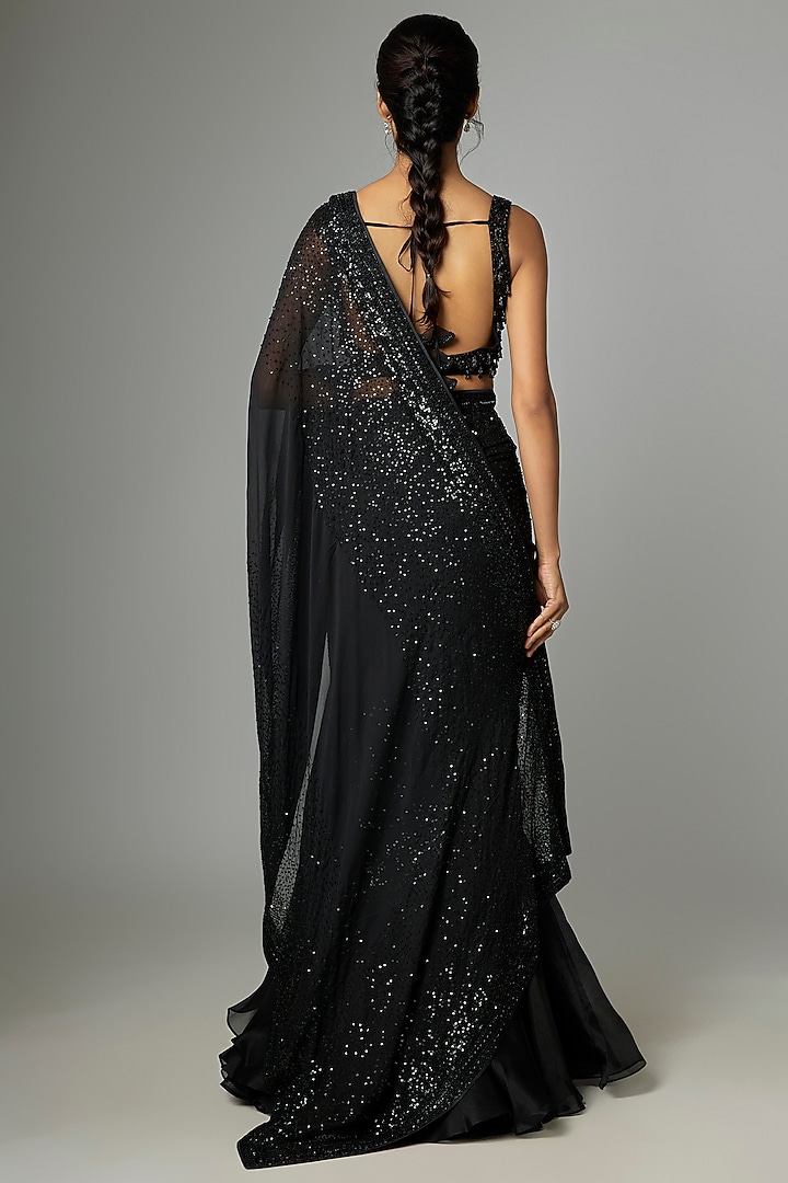 Black Organza & Chiffon Embroidered Ruffled Bridal Saree Set by Anushree Reddy at Pernia's Pop Up Shop